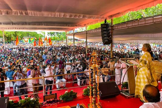 **EDS: IMAGE POSTED BY @nsitharamanoffc** Kottarakkara: Finance Minister Nirmala Sitharaman during an election campaign rally in support of BJP candidate Vayakkal Soman, ahead of Kerala Assembly Polls, in Kottarakkara, Sunday, April 4, 2021. (PTI Photo)