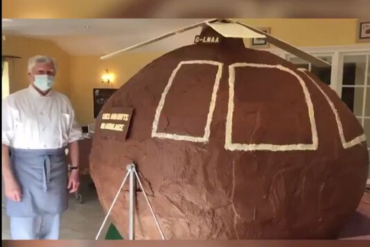Chocolatier Jan Hansen has created a chocolate helicopter in support of air ambulance workers in Folkingham, England. (Credit: Reuters/Twitter)
