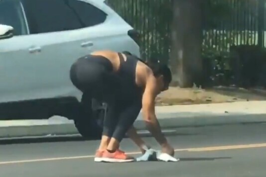 Video grab of woman saving a turtle on a busy road. 
(Credit: Twitter)