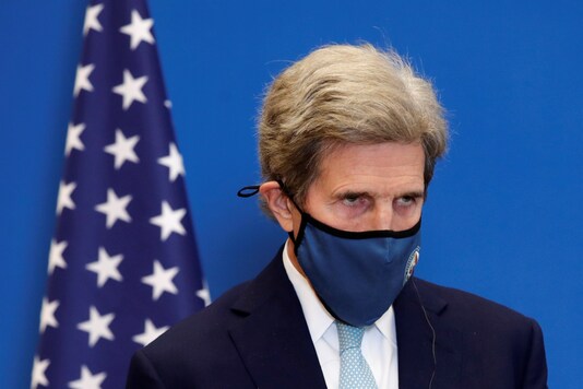 U.S. Special Presidential Envoy for Climate John Kerry attends a joint news conference in France, March 10, 2021. (Reuters)
