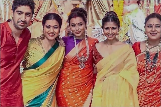 Ayan, Kajol, Rani, Tanisha and Sharbani Mukerji at their family's Durga Puja. Image: Instagram.