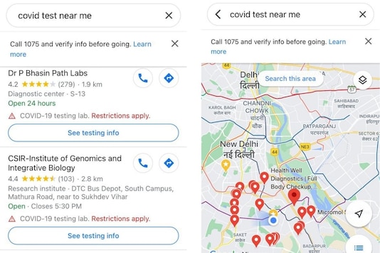 COVID-19 Test Info around you on Google Maps