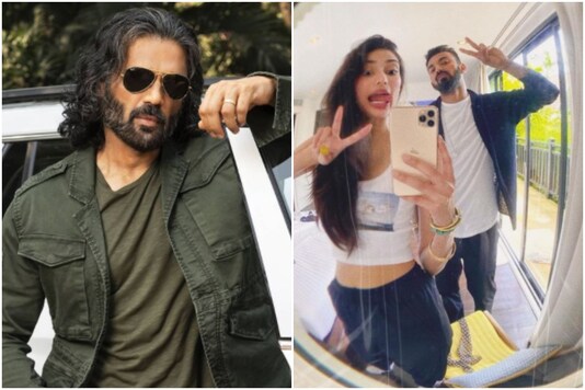Suniel Shetty (L), Athiya Shetty and KL Rahul