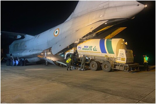 The Indian Air Force (IAF) prepares to airlift oxygen containers in the wake of the second Covid wave. (Pic by IAF)