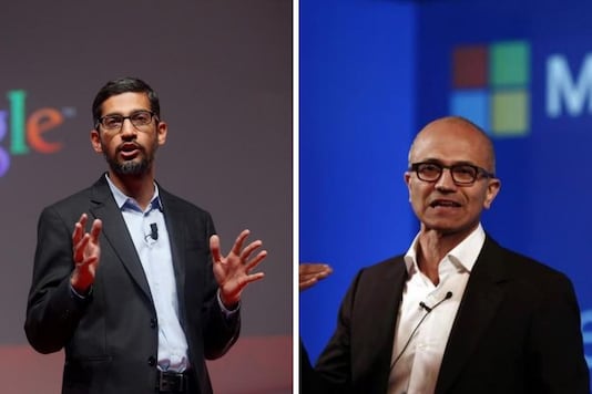 Google CEO Sundar Pichai (left) and Microsoft CEO Satya Nadella (right)