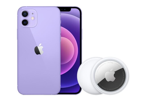 Apple iPhone purple and AirTag