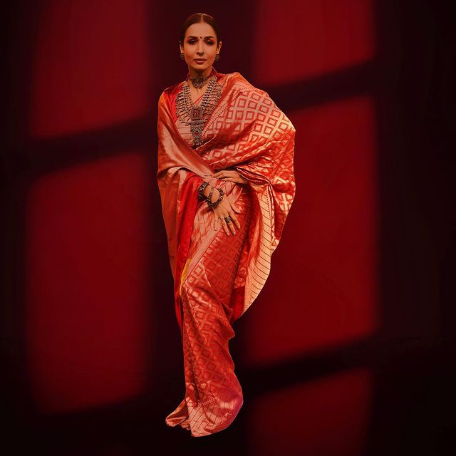  Malaika Arora flaunts her curvaceous figure in a gorgeous silk saree. (Image: Instagram)