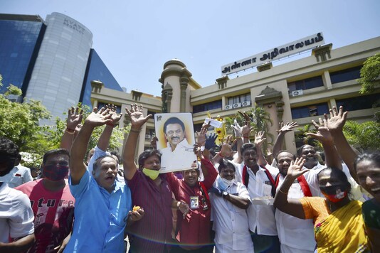 DMK supporters celebrate in anticipation of MK Stalin's victory. 