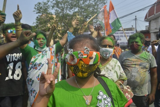TMC workers celebrate the West Bengal election results. 