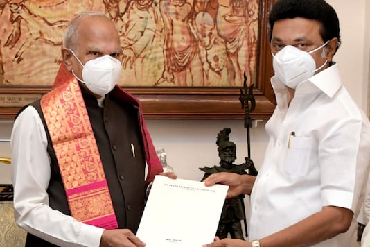 DMK president MK Stalin meets Tamil Nadu Governor Banwarilal Purohit to stake claim to form the new government, at Rajbhavan, in Chennai, Wednesday. (PTI)
