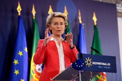 European Commission President Ursula von der Leyen speaks at EU summit in Porto, Portugal, May 8, 2021. (AP/PTI Photo)