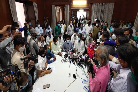 MP Health Minister Dr Prabhuram Chuadhary addresses a meeting in Indore on Wednesday. (Image credit: @INCMP)