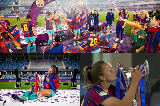 FC Barcelona celebrating (top), Aitana Bonmati (bottom-left) and Lieke Martens (Photo Credit: Barcelona Femeni Twitter)