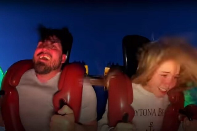 Young girl terrified by slingshot ride