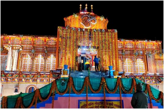 The Badrinath temple was decorated with around eight quintals of marigolds for the opening ceremony. (Photo: PTI)
