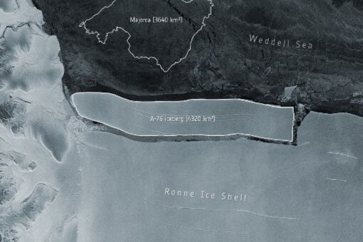 This handout image released by The European Space Agency (ESA) on May 20, 2021, shows a view captured by the Copernicus Sentinel-1 mission of the A-76 iceberg off the Ronne Ice Shelf, in the Weddell Sea, Antarctica taken on March 9, 2021 - combined with a graphic of the Spanish island of Majorca for scale. 