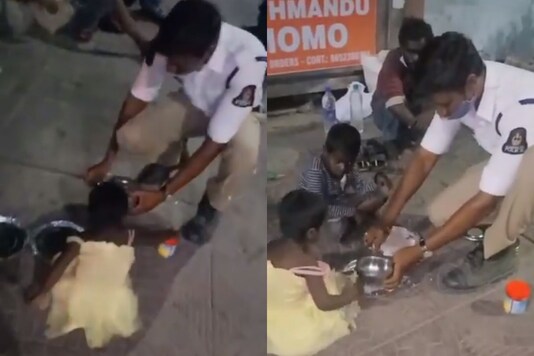 Mahesh gave the children two paper plates and served rice, curry and chicken fry from his lunch box on the plates for the children. (Credit: @TelanganaCOPs/Twitter)