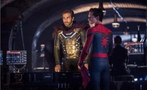  Here is a still from the movie Spider-Man: Far From Home, featuring Tom Holland as Spider-Man and Jake Gyllenhaal, who played the role of Quentin Beck (aka Mysterio).