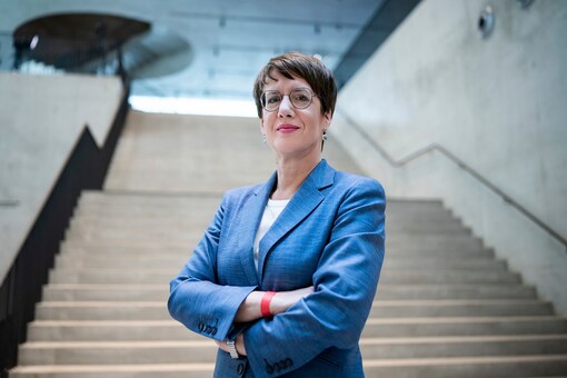 Gundula Bavendamm, Director of the Foundation Flight, Expulsion, Reconciliation, stands in the foyer of the new Berlin Museum. (Bernd von Jutrczenka/dpa via AP)