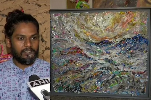 Manveer Singh decided to use plastic waste as colors in his art and simultaneously create awareness among people. (Credit: ANI/Twitter)