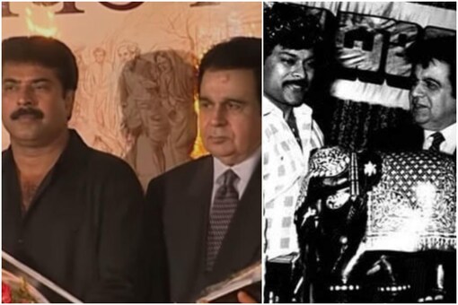 Dilip Kumar with South actors Mammootty (L) and Chiranjeevi