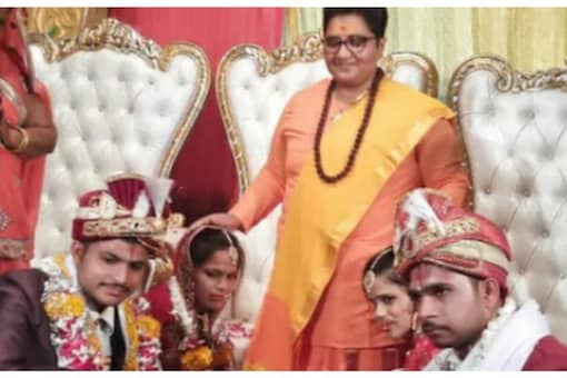 Pragya Thakur blessing the couple during their wedding at her residence in Madhya Pradesh.