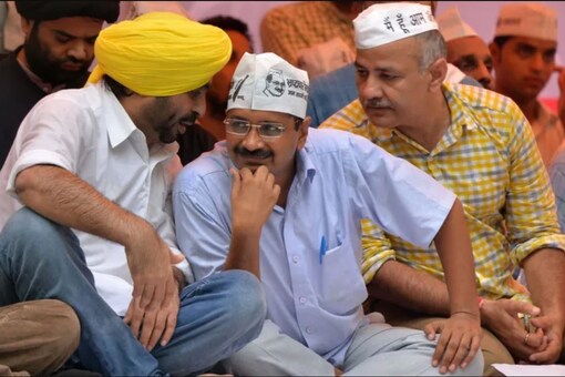 File photo of Arvind Kejriwal, Bhagwant Mann and Manish Sisodia