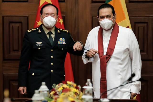 General Wei Fenghe, China's State Councilor and Defence Minister (L) with Sri Lanka's Prime Minister Mahinda Rajapaksa. Photo: Reuters 
