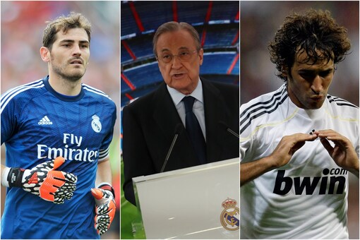 Iker Casillas (L), Florentino Perez (C) and Raul Gonzalez (Photo Credit: Reuters)