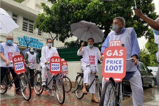 Trinamool Congress MPs cycle to Parliament today, in protest against the rise in prices of petrol, diesel and LPG.
