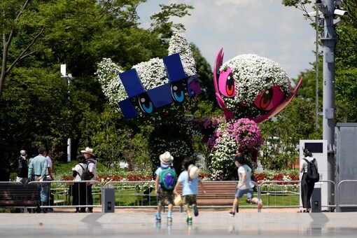 Large topiary of Miraitowa, the official mascot of Tokyo 2020 Olympics and Someity, the official mascot of Paralympics (AP)