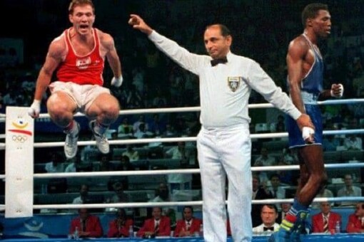 Narsi in the ring at 1992 Barcelona after Carruth-Hernandez fight. (Photo Courtesy: Kishan Narsi)