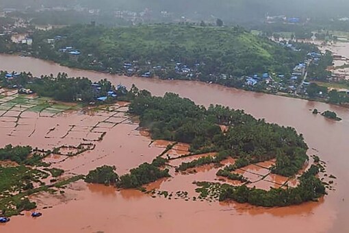 Aerial view of flood-hit Chiplun in Ratnagiri district of Maharashtra. (PTI Photo)