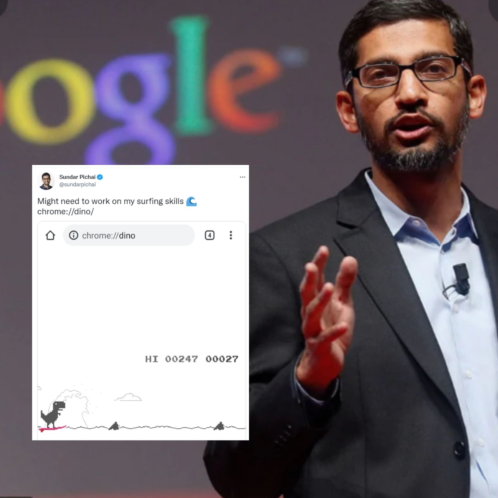 Sundar Pichai posts pic of Google's dino game, it has a surprise