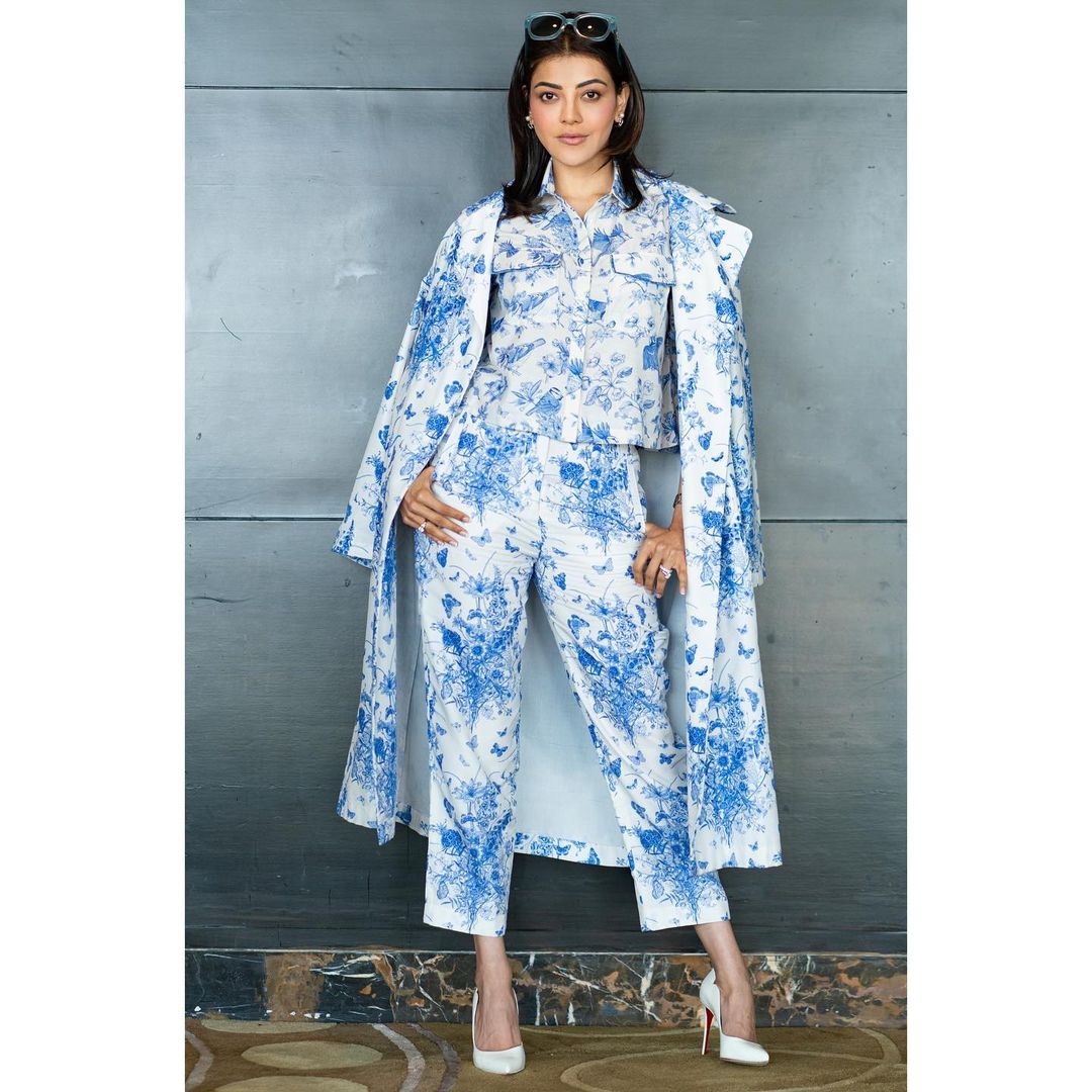 Kajal Aggarwal aces the tie-dye trend in the three-piece outfit. 