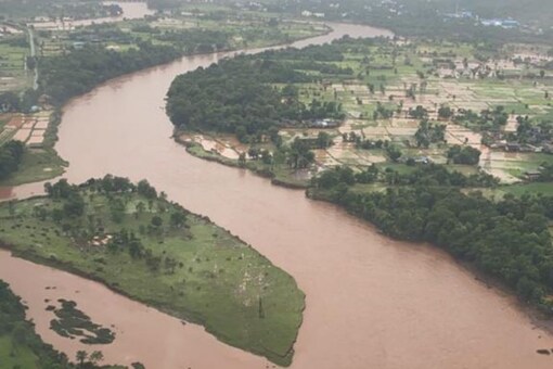 An aerial view of a flooded region in Maharashtra's Raigad district.