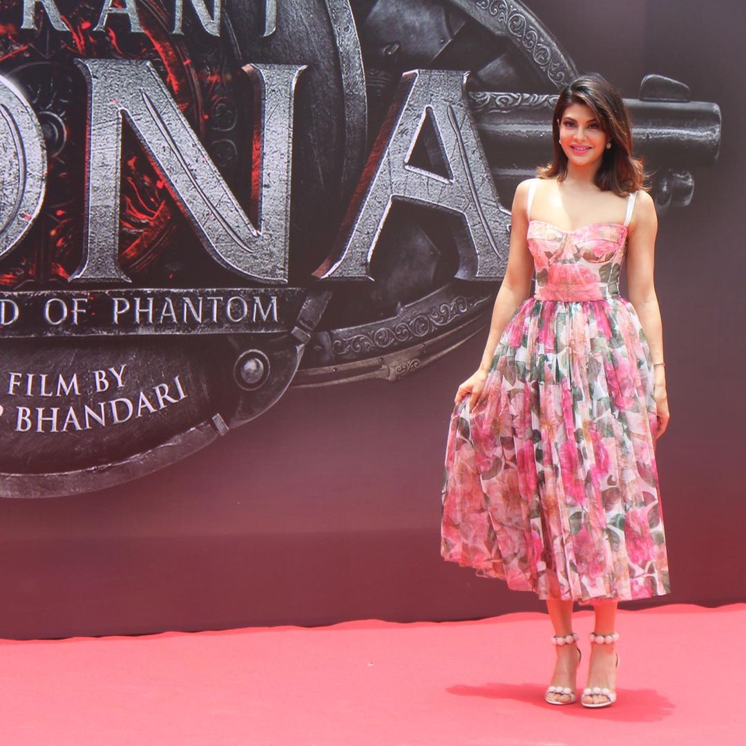 Jacqueline Fernandez launched the poster of her next movie Vikrant Rona wearing a dainty floral dress. 