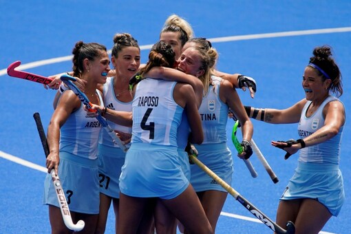 Argentina team celebrates after scoring a goal against Germany (AP)