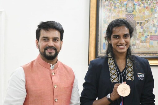 Anurag Singh Thakur today felicitated badminton player PV Sindhu upon her return home 