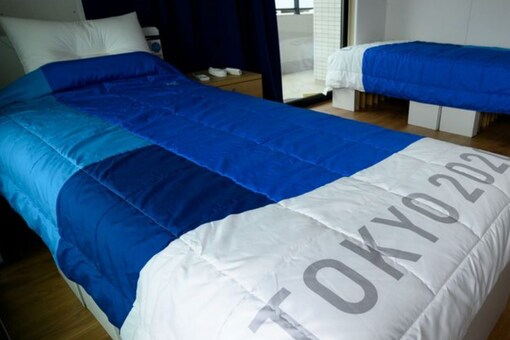 Recyclable cardboard beds and mattresses for athletes are pictured during a media tour at the Olympic and Paralympic Village for the Tokyo 2020 Games.