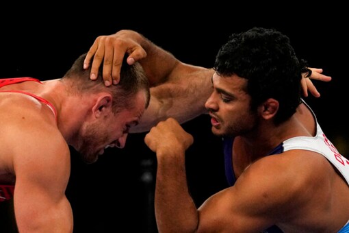 Indian wrestler Deepak Punia in action at Tokyo 2020 (AP)