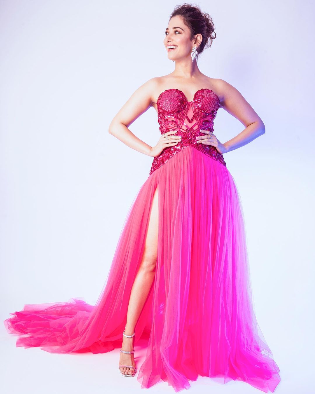 Tamannaah Bhatia looks like a high-end doll in the hot pink dress. 