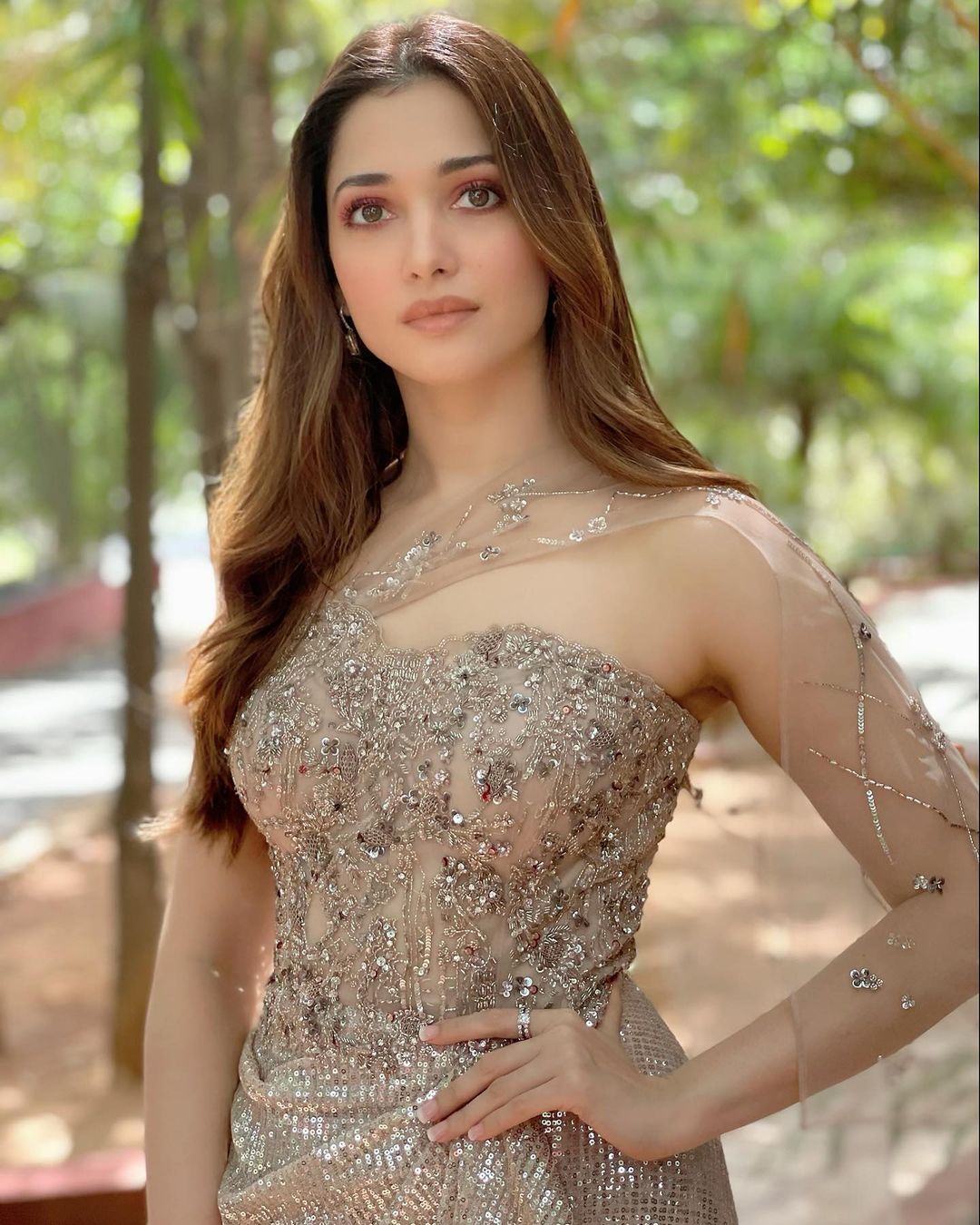 Tamannaah Bhatia looks stunning in the embellished outfit. 