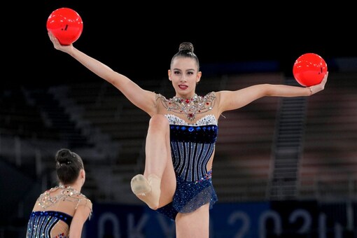 Bulgaria's rhythmic gymnastics' team, Simona Dyankova, Stefani Kiryakova, Madlen Radukanova, Laura Traets and Erika Zafirova in action (AP)