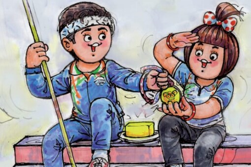The javelin thrower shows his Olympic gold medal to the iconic Amul girl, who is saluting the ‘golden boy.’ ( Credits; Twitter/
Amul.coop)