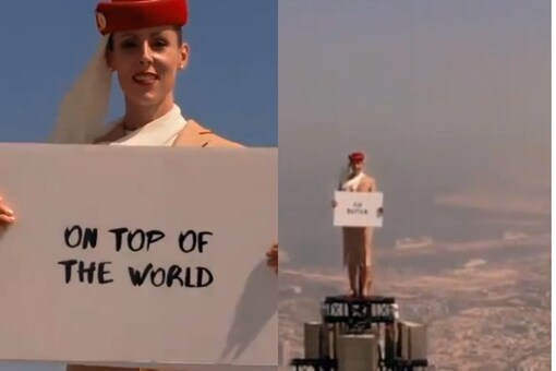 The BTS video shows Smith-Ludvik standing atop the Burj dressed in the Emirates' cabin crew outfit.  (Image: Emirates/Twitter)