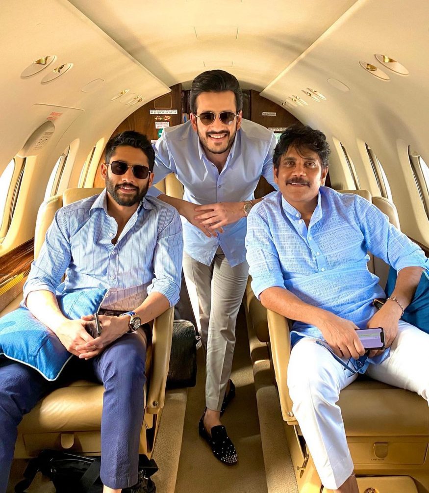  Nagarjuna is seen here colour coordinating with his two sons Naga Chaitanya and Akhil. The trio were pictured in a private jet as they flew to Chennai for Aditya and Aishwarya’s wedding in December 2019