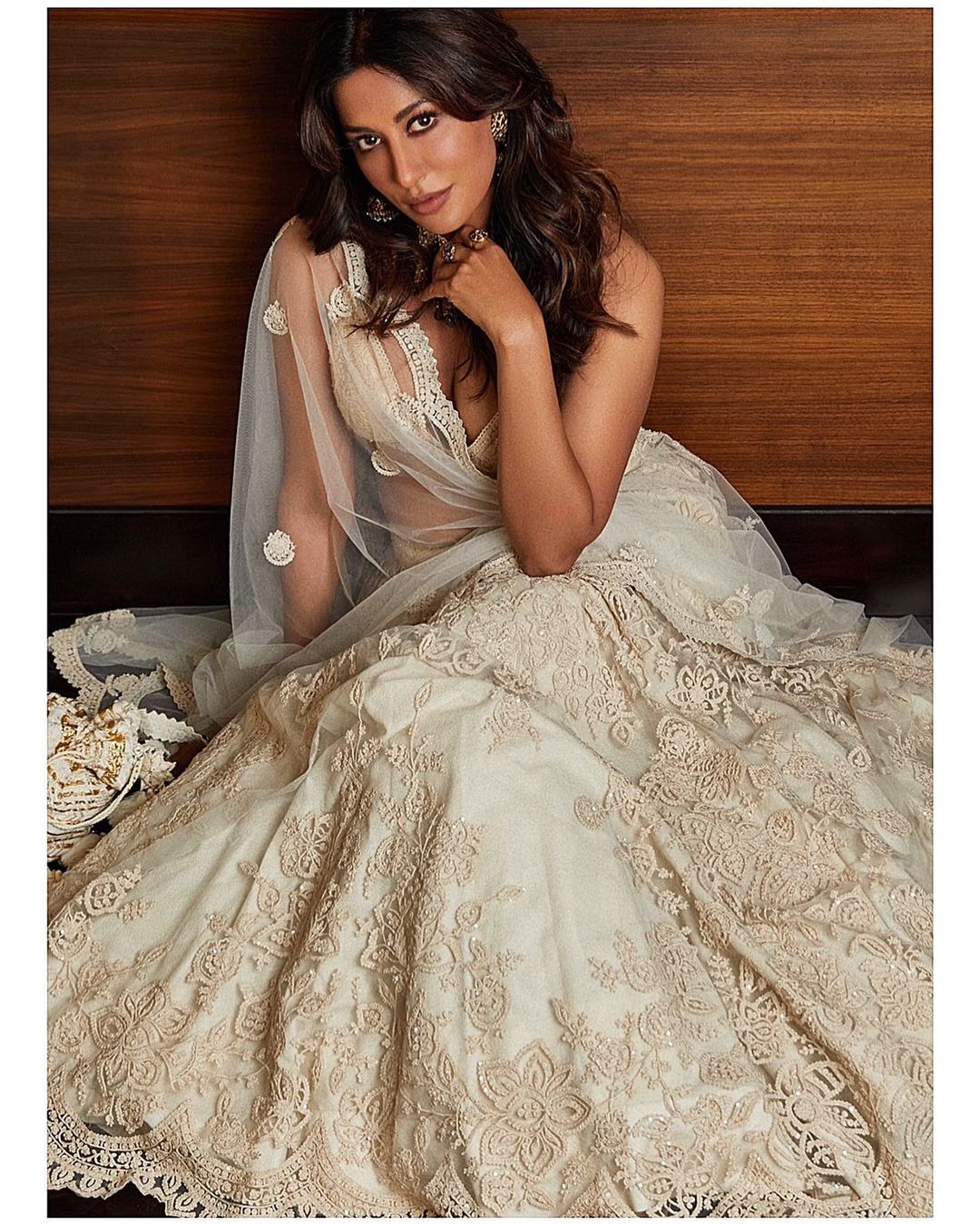 Chitrangda Singh paints a pretty picture in the white lehenga.