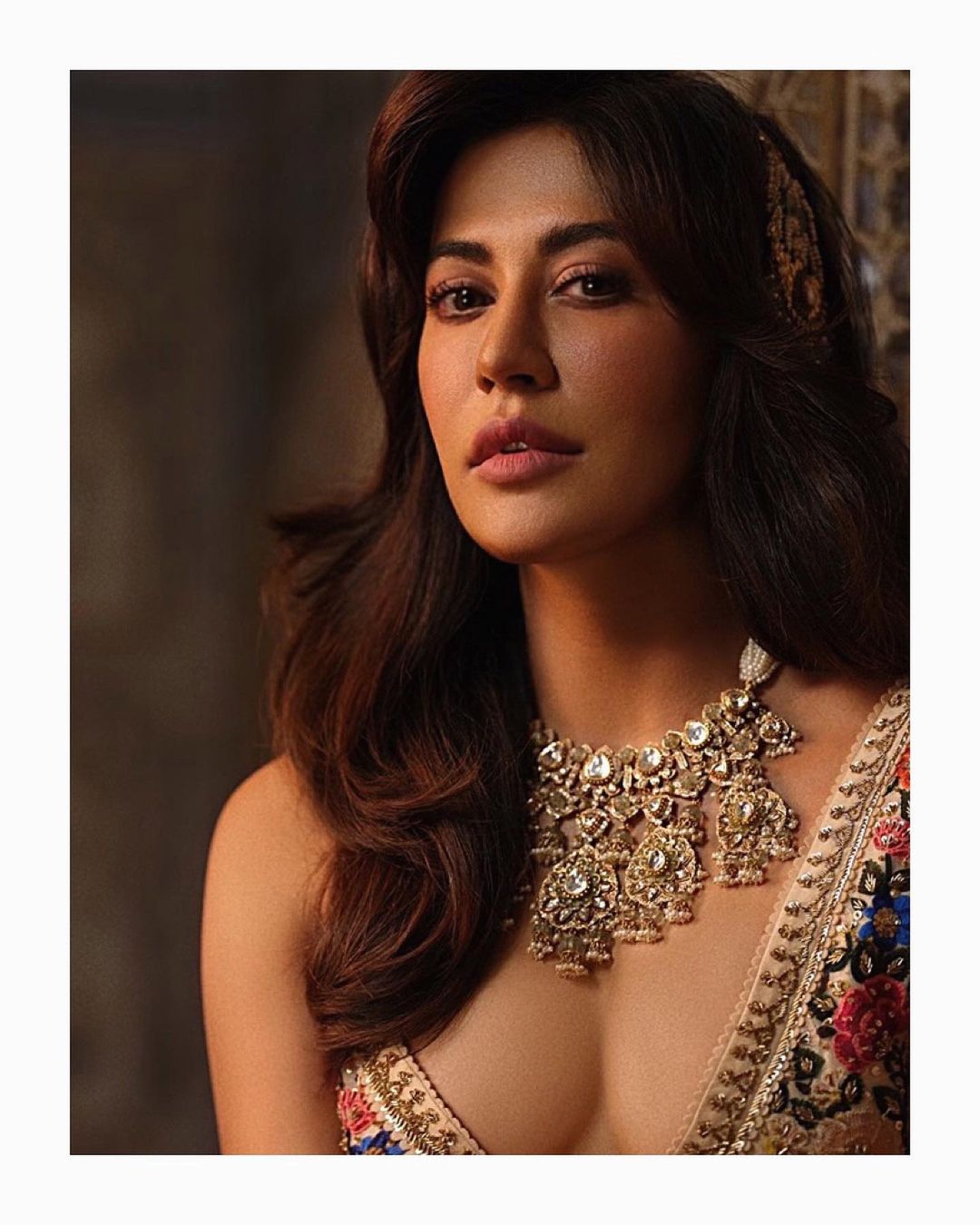 Chitrangda Singh flaunts her cleavage in the deep-neck blouse. 