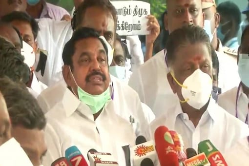  Former CM Edappadi K Palaniswami, ex-Deputy CM O Panneerselvam, and other AIADMK leaders sit outside the State Assembly in Chennai, in protest against the state government. (ANI)